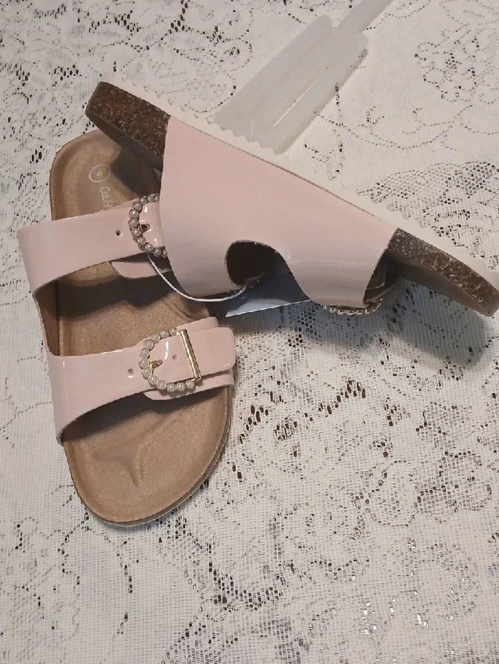 Cat & Jack Pale Pink Patent Slide Sandals with Jeweled Buckle - Women